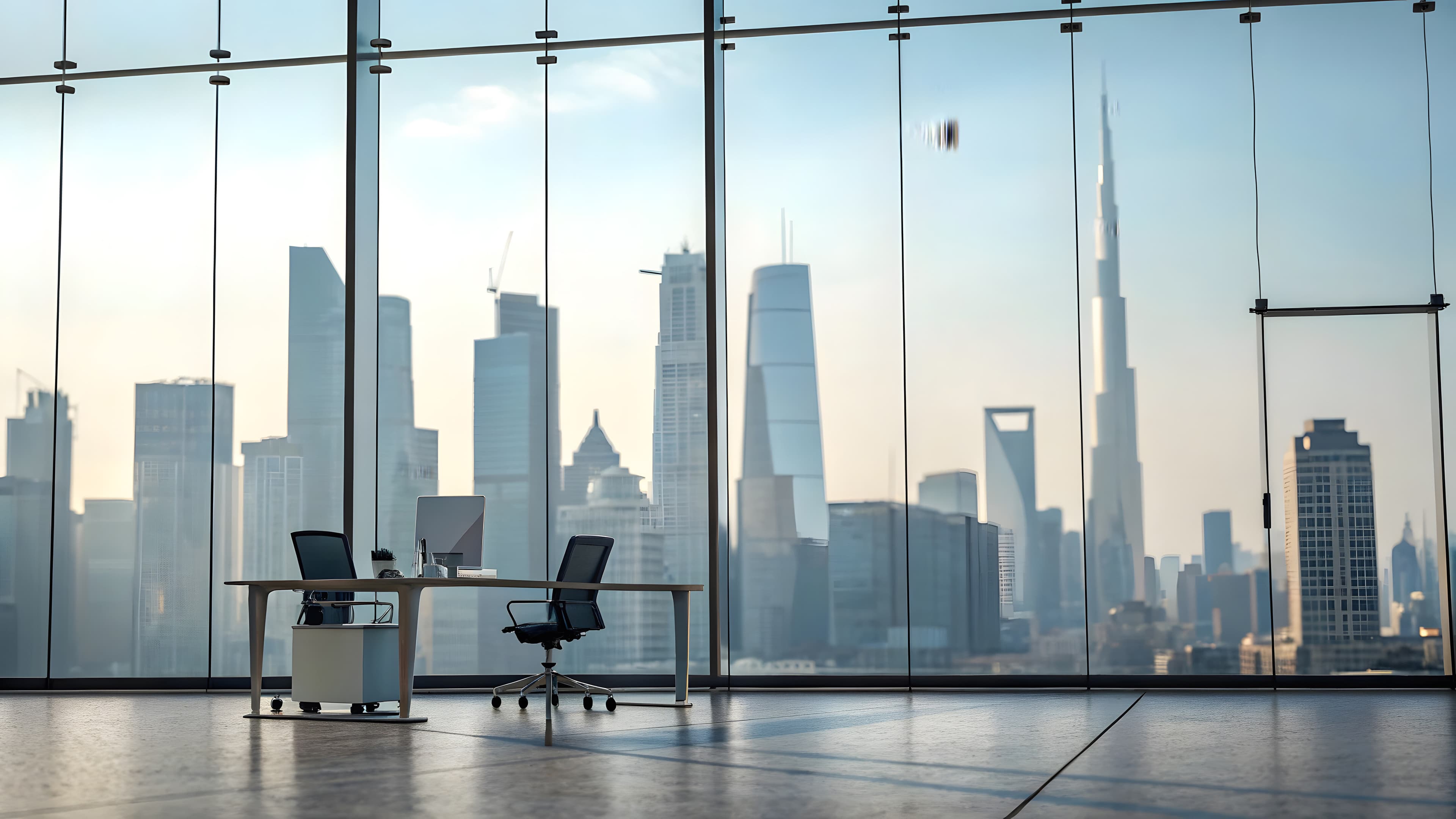 Modern office with a floor-to-ceiling view of a city skyline